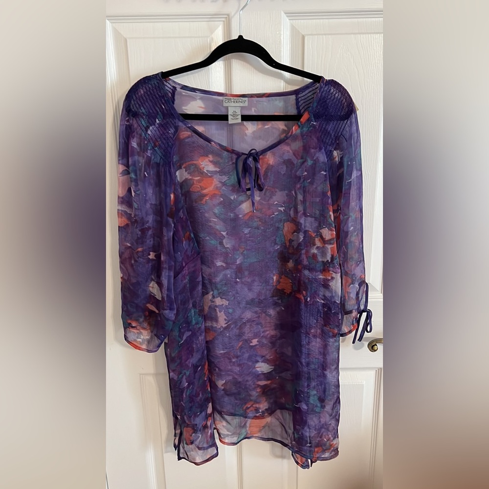 Catherines Purple Sheer Floral Tie-Neck Tunic, 3X